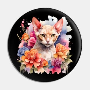 A devon rex cat decorated with beautiful watercolor flowers Pin