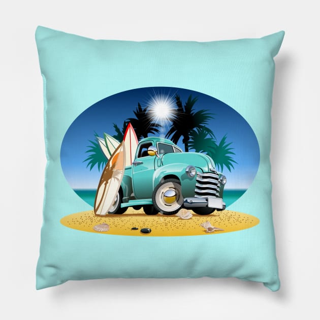 Cartoon retro pickup on beach Pillow by Mechanik