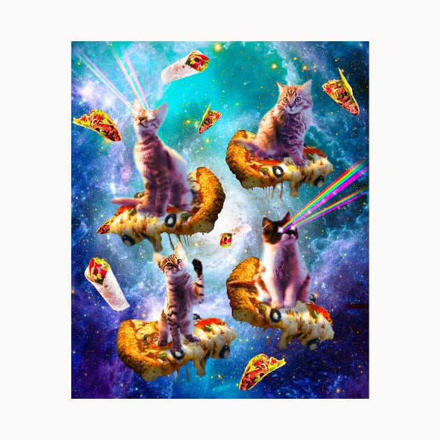 Outer Space Cats With Rainbow Laser Eyes Riding On Pizza by Random Galaxy