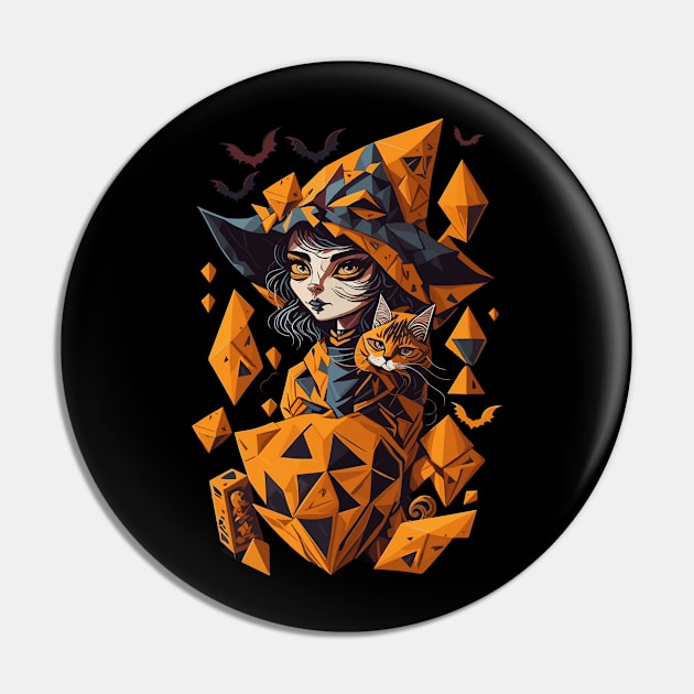 Geometric Halloween Witch with Cat Pin by Luvleigh