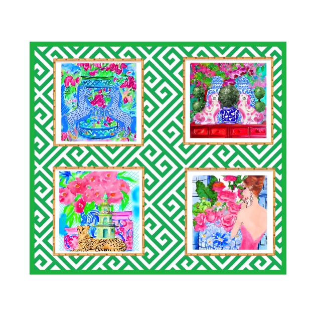 Preppy prints on green lattice by SophieClimaArt