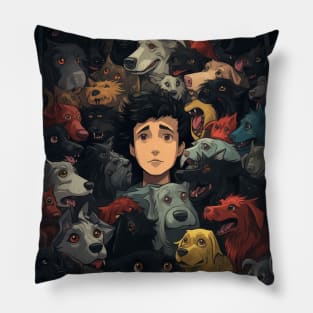 A Boy Surrounded by Playful Dogs 3 Pillow