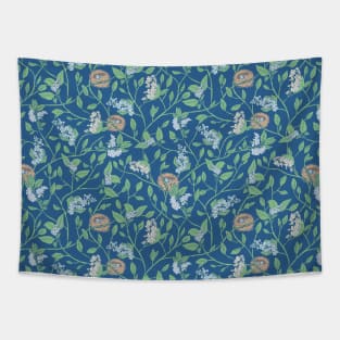 Branches with flowers and bird nests on blue background Tapestry