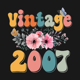 Vintage 2007 Floral Retro Groovy 16th Birthday T-Shirt