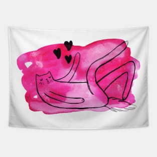 Pink Long Leggy Love Cat Watercolor Tapestry