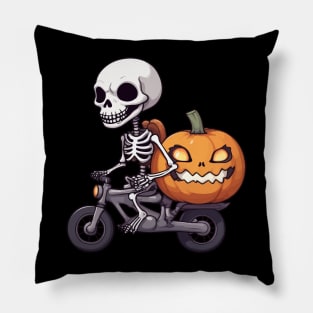 Skeleton Riding Vintage Bicycle Halloween Funny Pumpkin Pillow