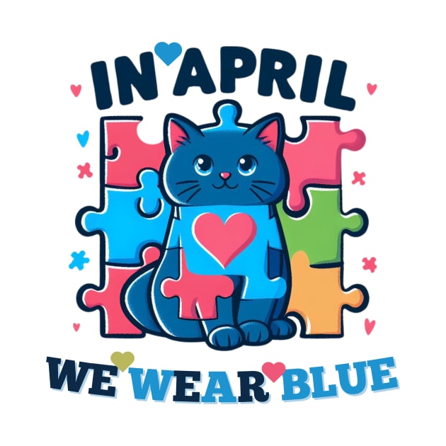 Cute Cat In April We Wear Blue Autism Awareness Month by Chahrazad's Treasures