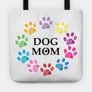 Colorful paw prints with Dog Mom text Tote