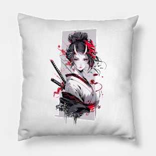 Beautiful girl with horns,  katana,Asian drawing Pillow