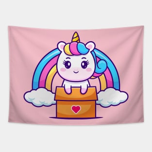 Cute Unicorn In Box With Rainbow Cartoon Tapestry