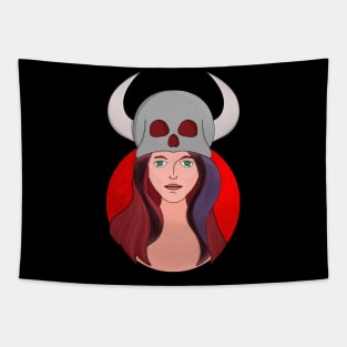 Woman Wearing a Skull With Horns Tapestry