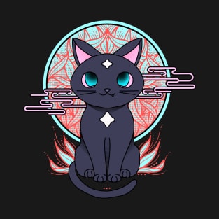 Cute anime black cat illustration with white stars. Cyberpunk manga cat. T-Shirt