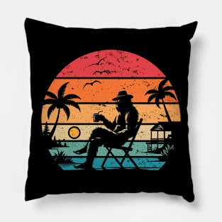 Bigfoot Sasquatch On The Beach Retro Sunset Tropical Beach Pillow