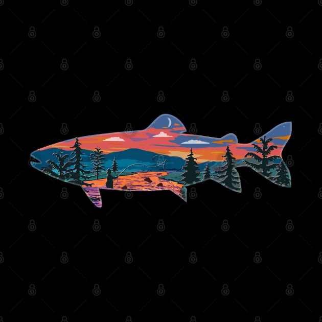 Trout Silhouette Fly Fishing Mountain Sunset River Stream Art by TeeCreations