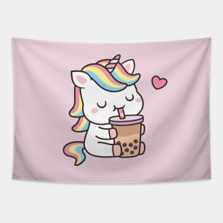 Cute Unicorn Loves Boba Tea Tapestry