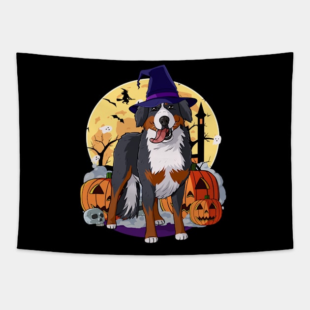 Bernese Mountain Dog Witch Happy Halloween Tapestry by Noseking