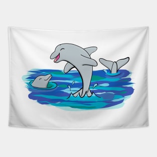 Cute happy dolphins playing cartoon Tapestry