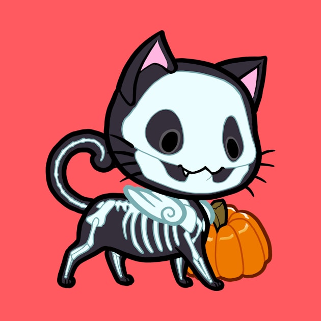 Halloween Chibi Winged Kitty - Black Skeleton Cat by theghostfire