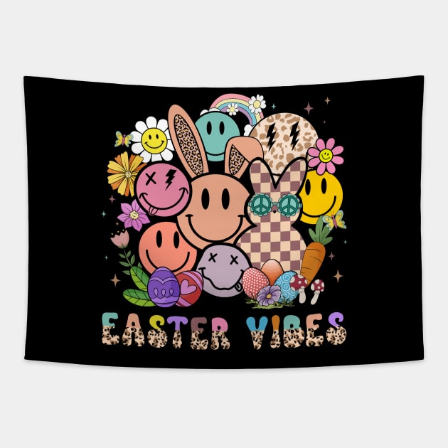 Easter Vibes Hippie Groovy Cute Bunny Ears Tapestry by inksplashcreations