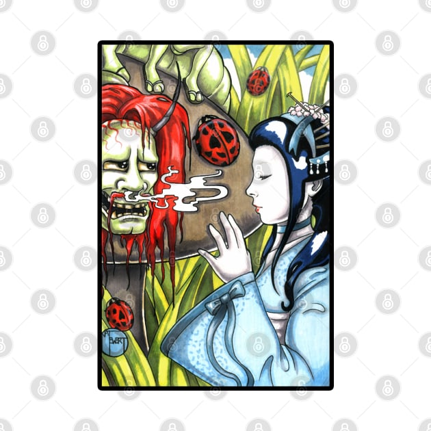 Japanese Alice in Wonderland and Caterpillar - Black Outlined Version by Nat Ewert Art