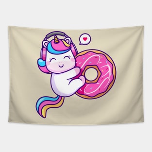 Cute Unicorn Hug Donut With Headphone Cartoon Tapestry