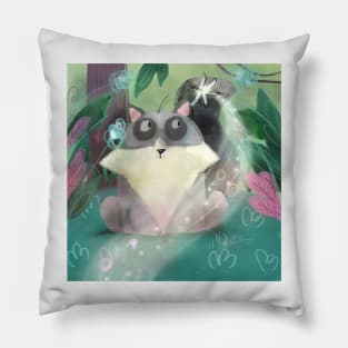 Raccoon says hi to dragonfly Pillow