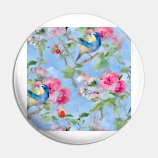 Blue tit and spring flowers chinoiserie Pin