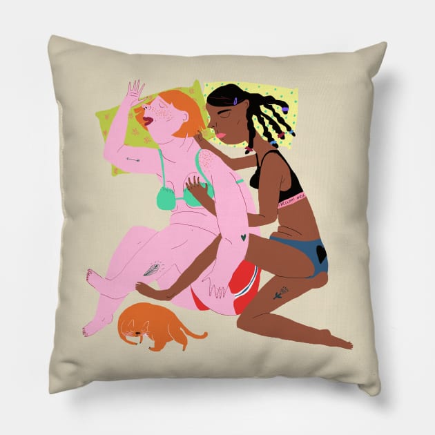 Sleeping couple with ginger cat Pillow by ezrawsmith