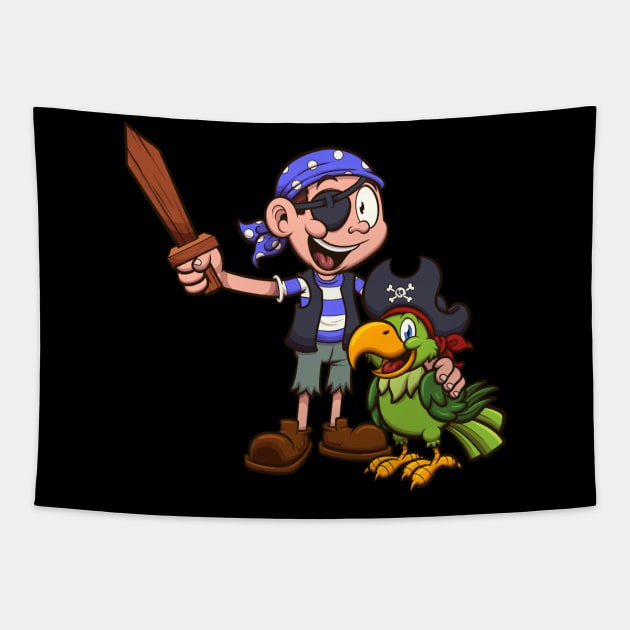 Pirate Kid And Parrot Tapestry by TheMaskedTooner