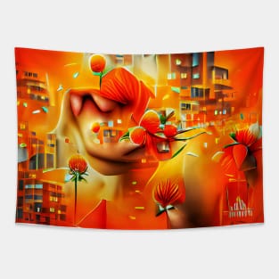 Beautiful Red Flowers and City Art Tapestry