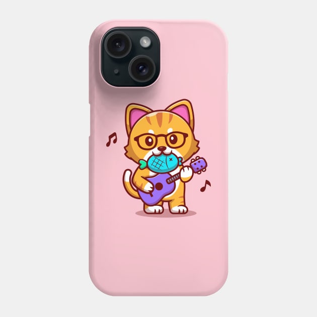Cute Cat Playing Guitar With Fish Cartoon Phone Case by Catalyst Labs