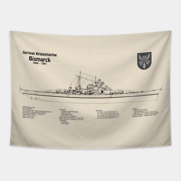 Bismarck - World War II Battleship of the Kriegsmarine - SDpng Tapestry by SPJE Illustration Photography