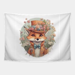 cute little fox wearing a hat and a bow tie Tapestry