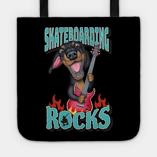 Fun Doxie Dog with guitar on a Dachshund Skateboarding Rocks tee Tote