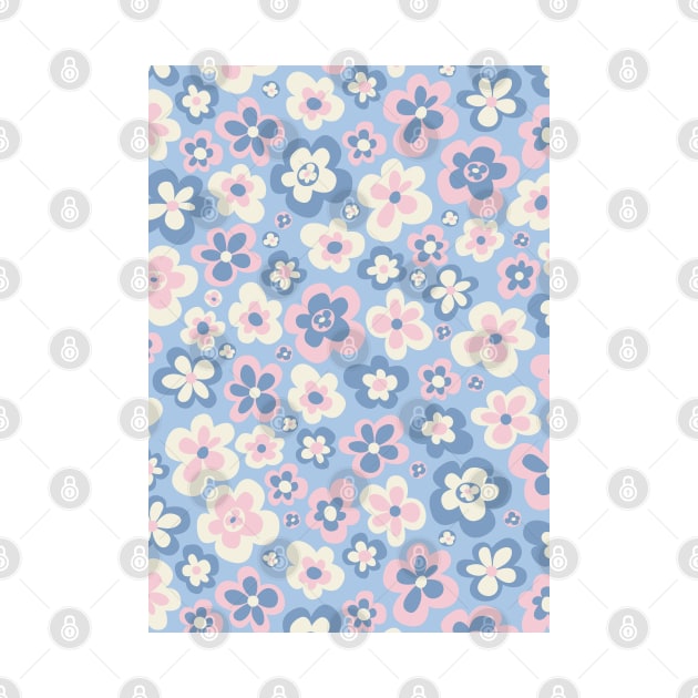 retro florals pattern, 70s groovy flowers, flower market, scandinavian florals, danish style, baby pink, baby blue by blomastudios