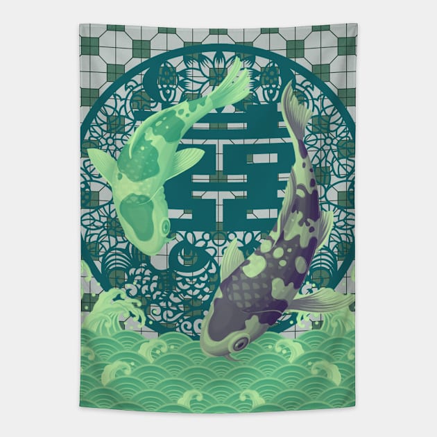 Double Happiness Koi Fish Dancing in the Ocean with Green Tile Floor Pattern Tapestry by CRAFTY BITCH