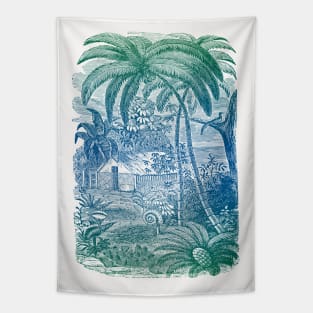 Tropical Vintage Illustration Palm Trees Beach Botanical Tapestry