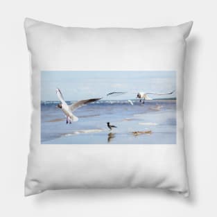 Two seagulls flying above the water Pillow