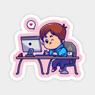 Cute Boy Working On Computer Cartoon Magnet