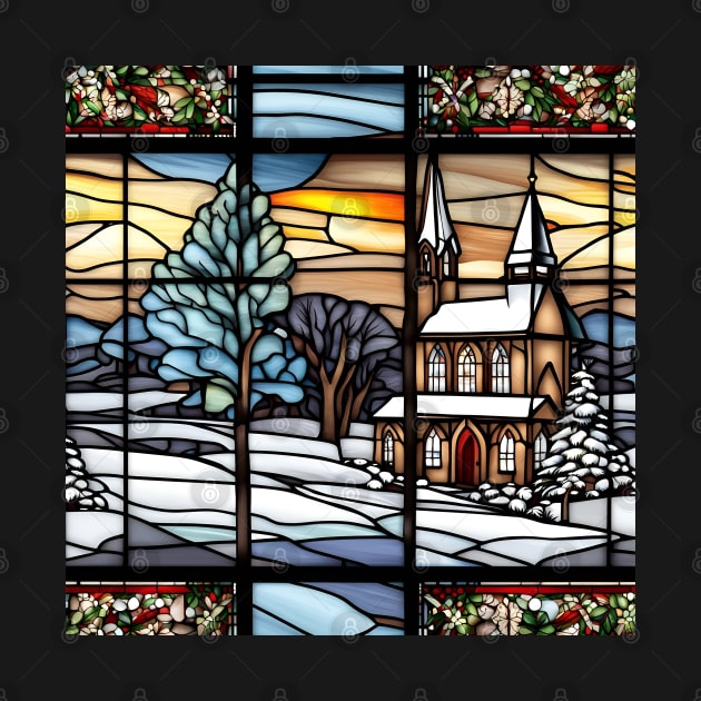 Stained glass panel of country church in Winter by erickphd