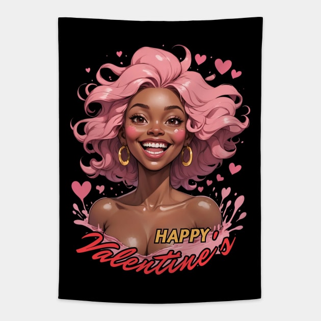 Happy Valentine's Day Black Girl Pink Hair comic pop art anime Tapestry by Neon City Bazaar