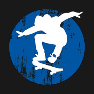 Grunge Urban Skateboarder Graffiti Style - White Silhouette with Blue Background T-Shirt