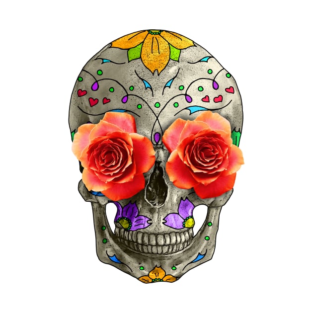 Sugar Skull Day of the Dead with Roses, Dia de los Muertos by SirLeeTees