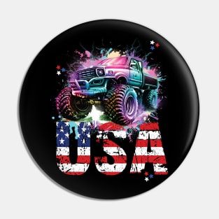 USA Monster Truck American Flag 4th July Men Boys Girls Race Pin