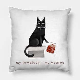 Cartoon black cat throwing off a jar of tomatoes with the inscription "My tomatoes - my weapon." Pillow