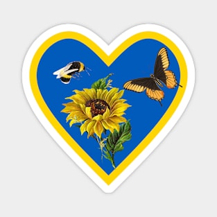 Sunflowers Bee and Butterfly in Blue and Yellow Heart Magnet