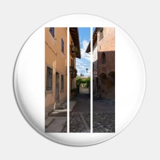 North Italy Life in the center of the lombard medieval city. Walking through narrow streets and walls. Sunny summer day. (vertical) Pin