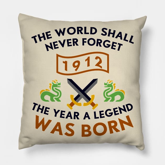 1912 The Year A Legend Was Born Dragons and Swords Design Pillow by Graograman