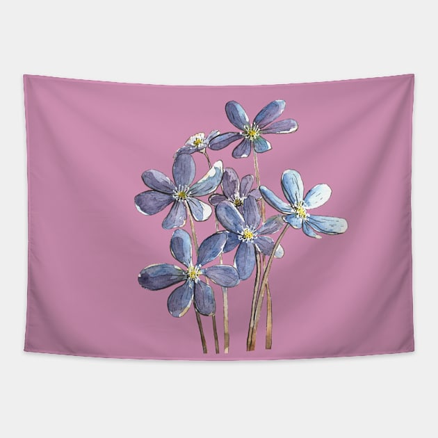 Hepatica Flowers Watercolor Painting Tapestry by Ratna Arts