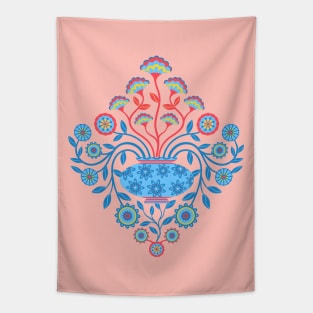 DREAMY DAMASK Cottagecore Floral Botanical Damask with Vase Icy Blue Red Yellow Pink - UnBlink Studio by Jackie Tahara Tapestry